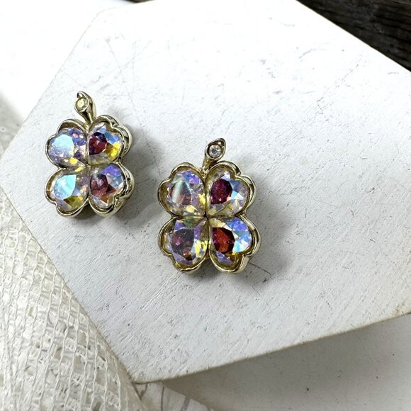 Vintage Gold Tone Four-Leaf Clover Clip-On Earrings With Iridescent Rhinestones - Picture 2 of 6